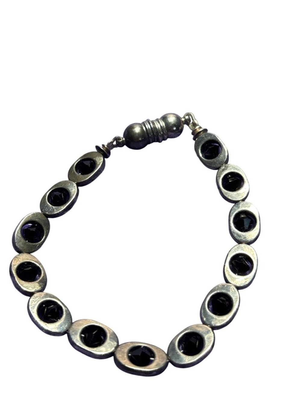 Vintage Silvertone Ovals Black Faceted Beads Bracelet Magnetic Clasp 7 inches